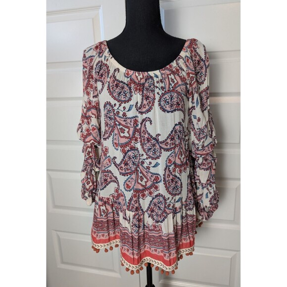 Democracy Women's Paisley Blouse Boho Size S Tiered Sleeve Pom Pom Hem - Picture 1 of 11